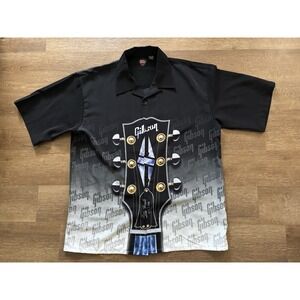 Gibson Tour Wear Shirt Mens 2XL Black Les Paul Guitar Print Button Up Dragonfly
